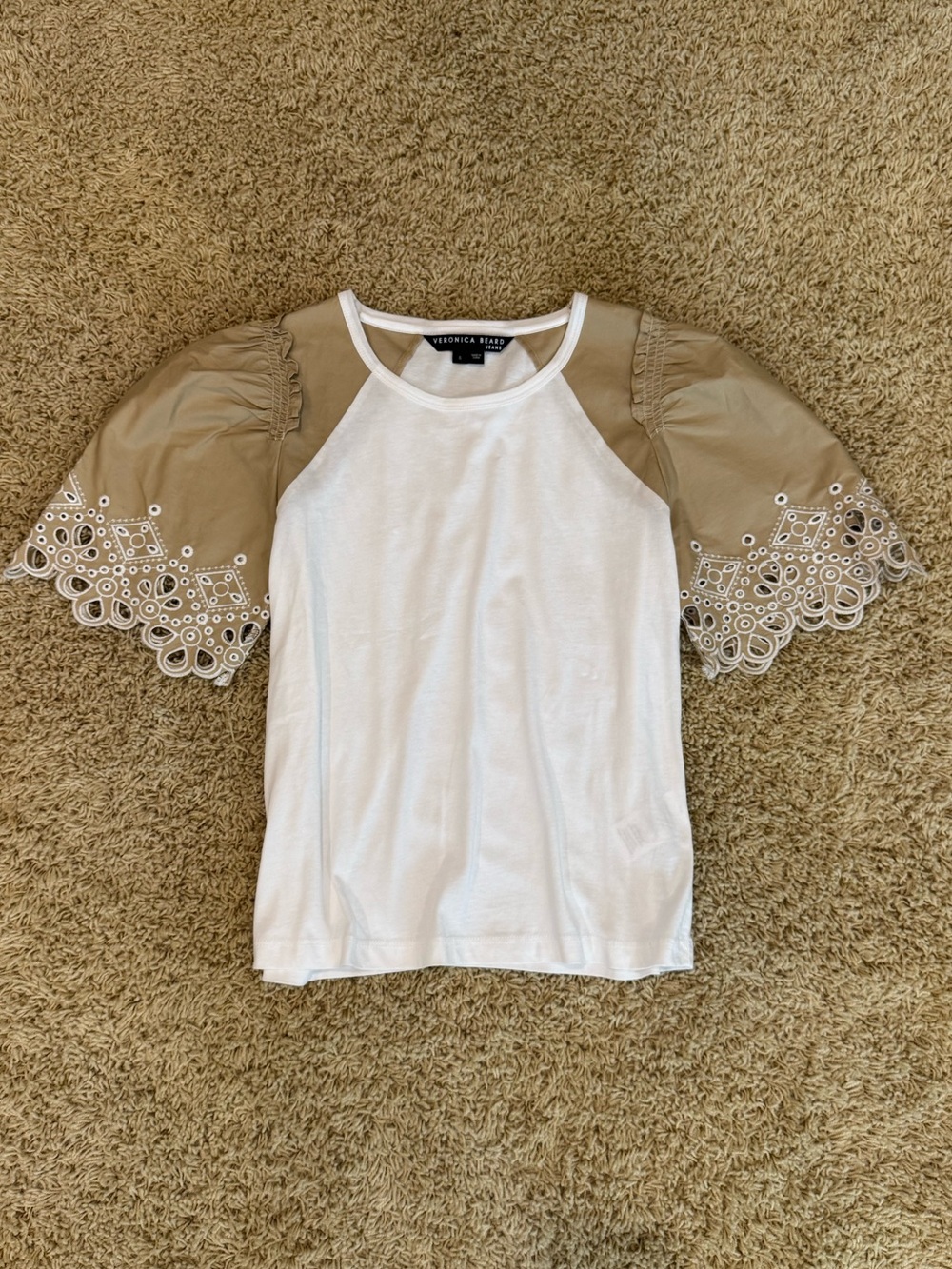 Veronica Beard Briana Top with Beige Eyelet Puff Sleeves, size small - Picture 3 of 5